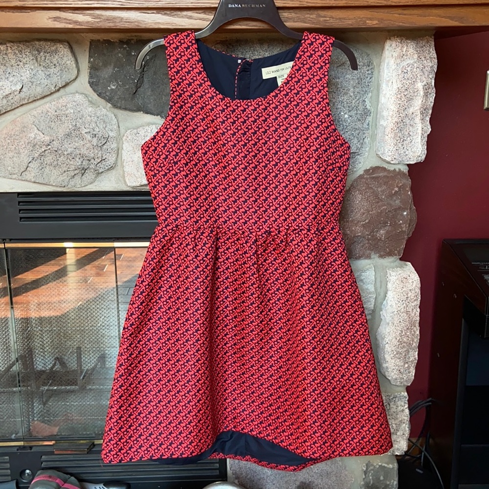 Anthropologie Red & Navy Geo Print Pattern High-Low Fit & Flare Dress w/ Pockets